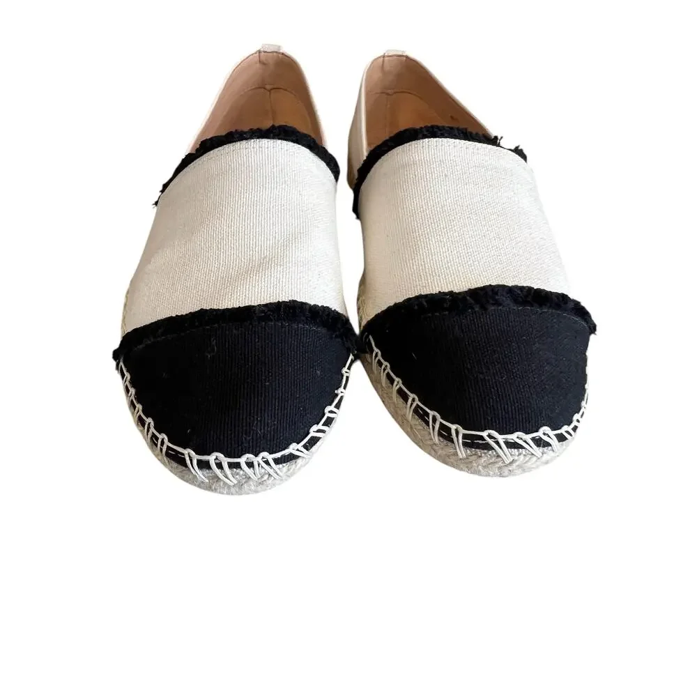 Schutz Ohanna Flat Slip on Espadrille Shoes Cream Black Colorblock 7.5